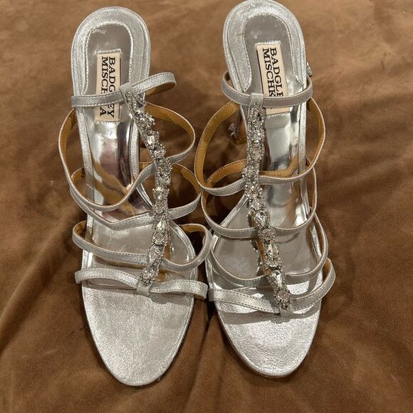 Badgley Mischka Silver Strappy Heels - Picture 1 of 8